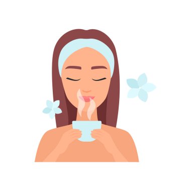 Çayla aromaterapiden hoşlanan bir kadının vektör çizimi, rahatlamayı ve sağlığı simgeliyor..
