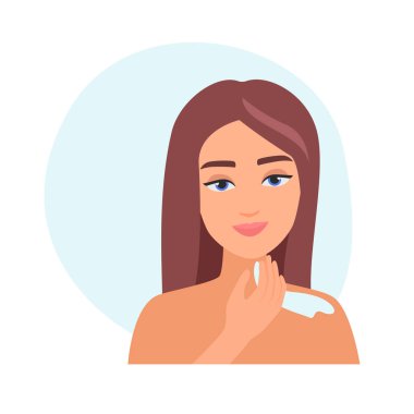 Boynuna ve omzuna nemlendirici losyon süren bir kadın resmi..