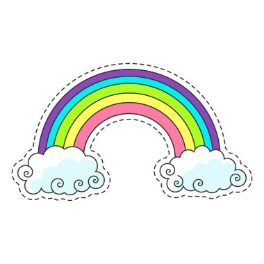 Bulutlu bir gökkuşağının vektör görüntüsü. Çizgili çizgili bir etiket olarak tasarlanmış..
