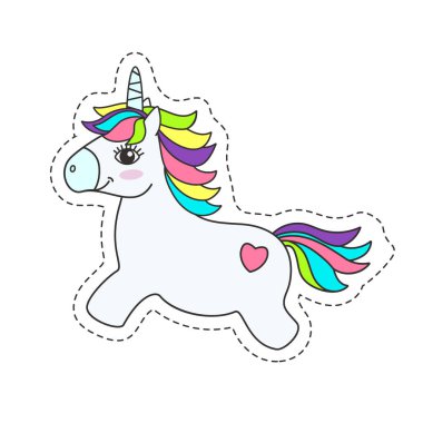 Renkli yeleli, çıkartma olarak tasarlanmış şirin bir tek boynuzlu atın vektör görüntüsü..