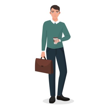 Çağdaş iş temaları için ideal kahve ve evrak çantası taşıyan sıradan bir iş adamının vektör görüntüsü.