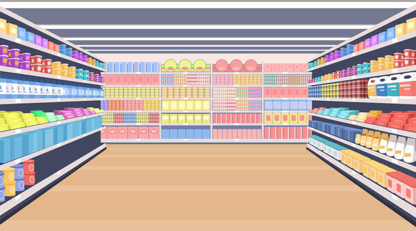 Retail shop inside with shelves row full of goods background, racks of mart interior with product display cartoon vector illustration. Perspective view of supermarket or store grocery aisle