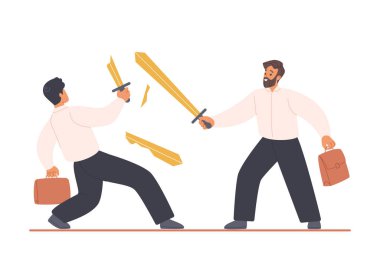 İş rekabeti, agresif dövüş ve çatışmada liderin zaferi. Çantalı iki erkek çalışan kılıçlarla dövüşüyor. Kazanan ve kaybeden, elinde silah kırılan vektör çizimi olan.