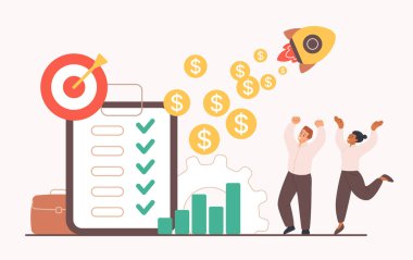 İş projesi tamamlandı, takım başarısı girişimciler tarafından bitirildi ve kutlandı. Ufacık mutlu insanlar başlangıcı birlikte tamamlar, kontrol listesi ve para yağmuru çizgi film vektör çizimi ile uçan roket