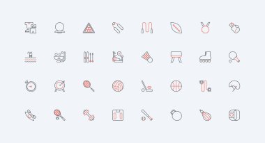 Spor, sağlıklı egzersizler ve oyun çizgisi simgesi seti. Jimnastik vitesleri, kardiyo fitness eğitimi ekipmanları, ödül madalyası ve basketbol topu ince siyah ve kırmızı dış hatlar vektör ilülasyonu