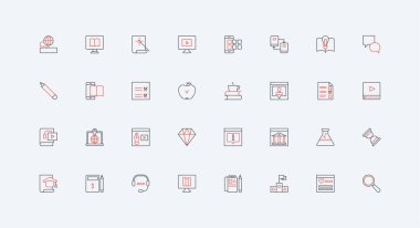 Çevrimiçi öğrenme, webinarlar, video sınıfı ve öğretim hattı simgesi seti üzerine eğitim ve öğretim. Akıl hocalığı araçları, dijital akademi platformu. İnce siyah ve kırmızı çizgili çizim sembolleri vektör gösterimi dersleri.
