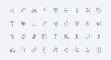 Spor, spor ve kalori yakmak için fiziksel egzersizler, kas gücü ikonu seti. Sağlıklı uyku ve egzersiz, maraton ve dalış, hijyen ince siyah ve kırmızı çizgili semboller vektör çizimi