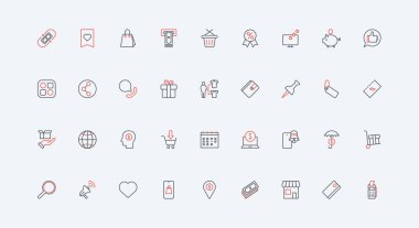 Çevrimiçi perakende satış, indirim ve kuponlar, hediyeler, sigorta şirketi ikonu seti. Müşteri seçimi, yıldızlar ve beğeni, sepet ve teslimat ince siyah ve kırmızı ana hatlı semboller vektör ilülasyonu