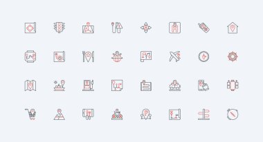 GPS navigasyon, takip çizgisi simgesi seti. Lokanta ve ev, benzin istasyonu, hastane ve park alanlarında siyah ve kırmızı ana hatlar vektör illüstrasyonlarında lokasyon şifresini bulmak için araçlar