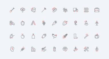 Organik tarım çiftliği hasadı ve tarım, çiftçi ekipmanları, gıda endüstrisi ikonu seti. Çit ve traktör, bahçıvanlık büyümesi, köy ince siyah ve kırmızı çizgili semboller vektör çizimi