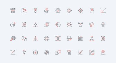 Veri analizi otomasyonu için yapay zeka ve yazılım, akıllı modeller ve görsel çizgi simgesi seti. Bilim, dijital grafik ve diyagram analizi ince siyah ve kırmızı çizgili semboller vektör çizimi