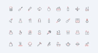 Kozmetik ve parfüm, vücut ve yüz bakımı, makyaj çizgisi ikonu seti. Manikür ve spa salonu tedavisi, kilo kaybı, bitkisel terapi ve ayurveda ince siyah ve kırmızı ana hatları çizim vektör ilülasyonu