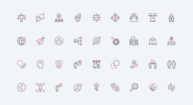 Girişim işbirliği ve çalışanların iletişimi, ortaklık, takım proje çizgisi simgesi seti. İnsan kaynakları, iş toplantısı ve eğitim ince siyah ve kırmızı ana hatlar vektör illüstrasyonları