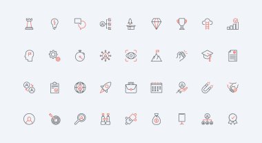 Şirketteki insan kaynakları organizasyonu, şirket yöneticisinin kariyer stratejisi ve iddialı lider çizgisi ikonu. Ortaklık binası, hedef ince siyah ve kırmızı dış hat sembolleri vektör illüstrasyonu