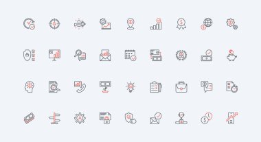 Girişim geliştirme, meydan okuma ve başarı liderlik zihniyeti çizgi ikonu seti. Birinci sıraya odaklan ve kazan, verimliliği geliştir. İnce siyah ve kırmızı ana hatlı semboller, vektör illüstrasyonları.