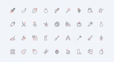 Bahçıvanlık ve tarım, hasat, çiftçi ve bahçıvan ekipman ikonu seti. Toprak ve bahçe bitkilerinin büyümesi, böcek ilacı, çim biçme makinesi ince siyah ve kırmızı çizgili semboller.