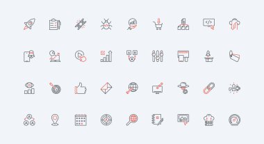 SEO, iş hattı simgesini yükseltmek için arama motoru optimizasyon servisi. Analitik ve anahtar kelimeler, roket fırlatma, sosyal medyada geri bildirim ince siyah ve kırmızı ana hat çizim sembolleri vektör çizimi