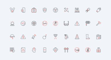 Hayat kurtarmak ve bakımını sağlamak için güvenlik ve güvenlik ekipmanları, kaza hattı ikonu setinin önlenmesi. Koruyucu gözlük ve işçi eldiveni, uyarı işareti ince siyah ve kırmızı çizgili semboller vektör çizimi