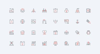 Endüstride çevre dostu teknoloji, küresel çevre koruma hattı ikonu için yeşil enerji ve geri dönüşüm seti. Yenilenebilir kaynak ve geri dönüşüm ince siyah ve kırmızı ana hatlı semboller vektör çizimi