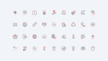 Karbon nötr, net sıfır, sürdürülebilir eko enerji üretimi, tüketim hattı simgesinin azaltılması. CO2 kirliliği azalıyor, dairesel ekonomi ince siyah ve kırmızı çizgili semboller vektör illüstrasyonları