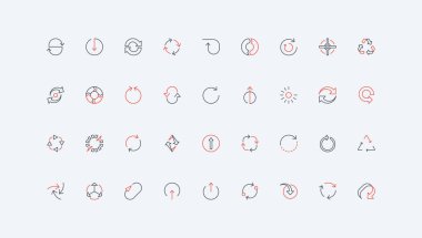 Dairesel ok çizgisi simgesi ayarlandı. Tazeleme ve geri dönüşümün yuvarlak döngü işaretleri, yükleme süreci, başlat ve tekrarla hareket, yönlendirme ve yön ince siyah ve kırmızı ana hatlar vektör çizimi