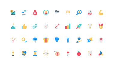 Başarı hedefi başarı, ödül ve birincilik kupası, iş yarışması, liderlik renk ikonu seti. Liderliğin kariyer gelişimi, dağda bayrak, iş sıralaması düz elementler vektör illüstrasyonu