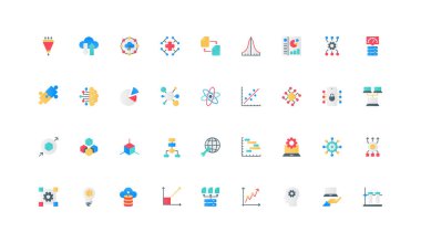 Analitik, istatistik, büyük veri analizi, bilgi diyagramı ve grafik renk ikonu seti. Yapay zeka ve kriter süreci, dijital platform ve düz elementlerin hesaplanması vektör illüstrasyonu