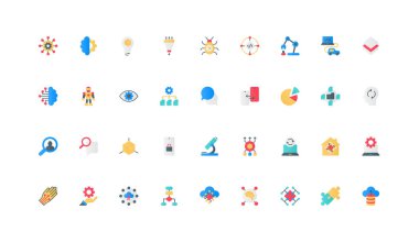 Yapay zeka, otomatikleştirilmiş teknik beyin, yapay zeka renk ikonu setiyle iş ve bilim gelişimi. Fütüristik elektronik yenilik, robot ve akıllı ev elemanları vektör çizimi