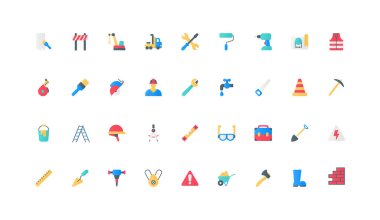 İnşaat işçisi ve mühendis aletleri, sağlık güvenliği renk ikonu seti ekipmanları. Kasklı adam, inşaat projesi, profesyonel müteahhit alet çantası ve yapıcı düz element vektör çizimi.