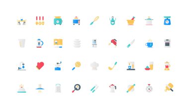 Aşçı aletleri ve mutfak gereçleri, mutfak renk ikonu setinde yemek pişirmek için elektrikli aletler. Yemek pişirmek için yemek tarifi kitabı ve önlük, tava ve kepçe mutfak gereçleri ve merdane düz element vektör çizimi.