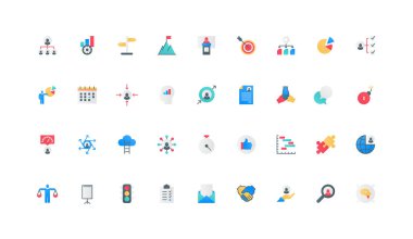 Şirket organizasyonu ve yönetimi, iş stratejisi planlama renk ikonu seti. Takım çalışması, riski kontrol eden lider başarısı ve düz elementler vektör illüstrasyonunu dengeleme kararı