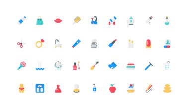 Kozmetik ve hijyen, vücut bakımı ve refah için spor ve yoga, güzellik ve spa taşları renk ikonu seti. Aromaterapi için kardiyo eğitimi, çay ve aroma mumları düz elementler vektör çizimi