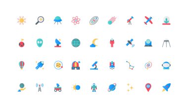 Astronomi bilimi, astronot ve uzay gemisi renk ikonu ile uzay ve galaksi keşfi. Güneş sistemi ve evren gezegenleri, asteroid ve uydu, yabancı düz elementler vektör illüstrasyonu