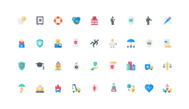 Seyahat, felaket ve kaza renk ikonu sigorta ve risk sigortası seti. Sağlık sigortası ve acil yardım, aile sağlığı ve parası için güvenlik, emlak sade elementler vektör illüstrasyonu