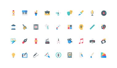 Yaratıcı multimedya sanat içeriği renk simgesi seti oluşturulması. Yazar ve sanatçı çevrimiçi araçlar düz elementler vektör illüstrasyonu ile portföy, müzik ve fotoğraf, film ve resim sanatları oluşturur.