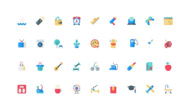 Günlük rutin, günlük yaşam çizelgesi ve yaşam tarzı renk ikonu seti. Takvim, yatakta uyumak ve uyanmak, evde kitap ile yürümek ve çalışmak, banyo zamanı ve alışveriş düz elementler illüstrasyon