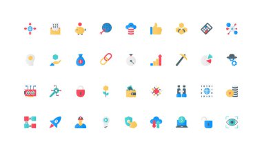 Merkezi olmayan dijital teknoloji, engelleme zinciri ve kripto para birimi, veri madenciliği renk ikonu seti. Ağ, düğüm ve küp modelleri, finansman işlemi ve kriptografi düz elementler vektör çizimi