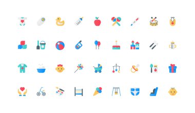 Yeni doğan bebek bakımı malzemeleri, oyuncaklar, kreş rengi ikonu seti. Hamilelik ve bebek bakımı objeleri, bebek arabası, çıngırak ve süt şişesi, erkek ve kızın yüzü düz elementler vektör ilülasyonu