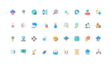 Yenilik iletişim teknolojisi, yapay zeka ve algoritmalarla dijital veri optimizasyonu, bulut bağlantısı renk ikonu seti. İnsansız hava aracı, robot düz elementler vektör illüstrasyonunun dağılımı ve seyrüsefer