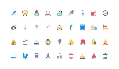 Yaz tatili ve deniz plajı tatili, otel servisi ve bilet rengi ikonu seti. Oda rezervasyonu ve pasaport, uçak ya da gemiyle yolculuk, araba, müze konumu haritadaki düz elementler vektör çizimi