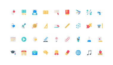 Okul ve üniversite, üniversite, bilgi ve bilim araştırma renk ikonu seti. Kırtasiye ve takvim, diploma ve mezun şapkası, müzik ve kimya öğrenme düz element vektör çizimi