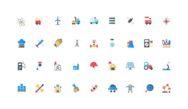 Kömür endüstrisi ve kimya, enerji enerjisi, petrol ve gaz üretimi, robot renk ikonu seti. Fabrika inşaatı ve eko yakıtı, depo ve makineler, boru ve ekipman düz elementler vektör çizimi