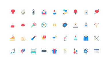 Düğün günü ve tören, aşk ve nişan, balayı ikonu renk ikonu seti. Romantik buket, gelin elbisesi ve damat smokini, parti organizasyonu düz elementler vektör illüstrasyonu