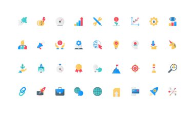 Yeni girişim, girişim veya iş projesi açılış ve geliştirme stratejisi renk simgesi seti. Tek boynuzlu at ve roket fırlatma, kalite ve algoritma, düz element vektör çizimi yapmak için yaratıcı fikir