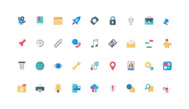 Modern yaşam tarzı renk simgesi seti için mobil uygulamalar. Sosyal medya galerisi ve çevrimiçi kredi kartı ödemeleri, müzik ve kamera, belgelerle takas ve çalışma, mikrofon düz elemanları vektör ilüstrasyonu