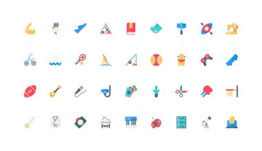 Boş zaman hobisi ve hafta sonu boş zaman renk ikonu seti. Açık ve kapalı eğlence aktivitesi ve spor oyunları, fotoğrafçılık ve resim, balıkçılık ve kaykay düz elementler vektör ilülasyonu