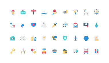 Alıp satma, emlak kiralama, inşaat planı ve ev yenileme renk ikonu seti. Akıllı ev, arama ve onarım hizmetleri için sürdürülebilir teknoloji, araba düz elementler çizimi için garaj