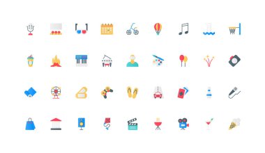 Spor ve plaj eğlencesi, eğlence ve video oyunu, sanat hobisi ve müzik renk ikonu seti. Sinema ve müze biletleri, barbekü pikniği ve kokteyl partisi, kamp turizmi düz elementler vektör illüstrasyonu