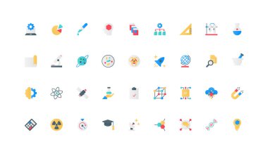 AI ile bilim araştırması, bilimsel laboratuvar deneyi, moleküler yapı renk ikonu seti bilgisi. Fizik ve biyoloji, kimya ve uzay, bilim adamı yayınları düz elementler vektör illüstrasyonu