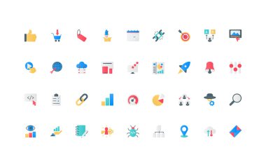 SEO, çevrimiçi analiz, iş geliştirme renk ikonu seti için pazarlama optimizasyon sistemi. Anahtar sözcükler ve reklamlar, hedef ve arama sonuçları, bağlantı oluşturma, yönetim düz elementler vektör illüstrasyonu